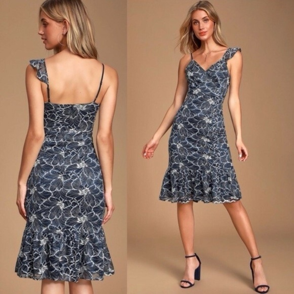 Lulus Fleur Allured Navy Blue Lace Ruffled Midi Dress | S